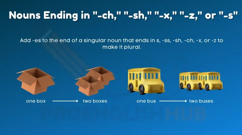 image showing Nouns Ending in "-ch," "-sh," "-x," "-z," or "-s" as one of most common ways to form plural of a noun